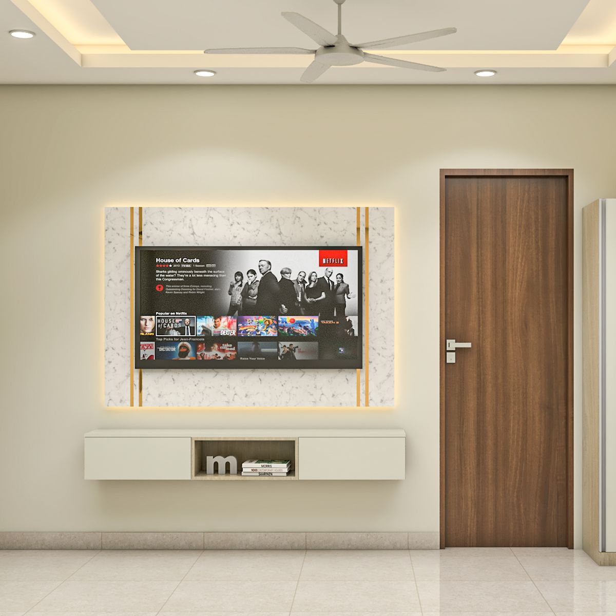 Contemporary Marble Accent White TV Unit Design with Golden LED Straps ...
