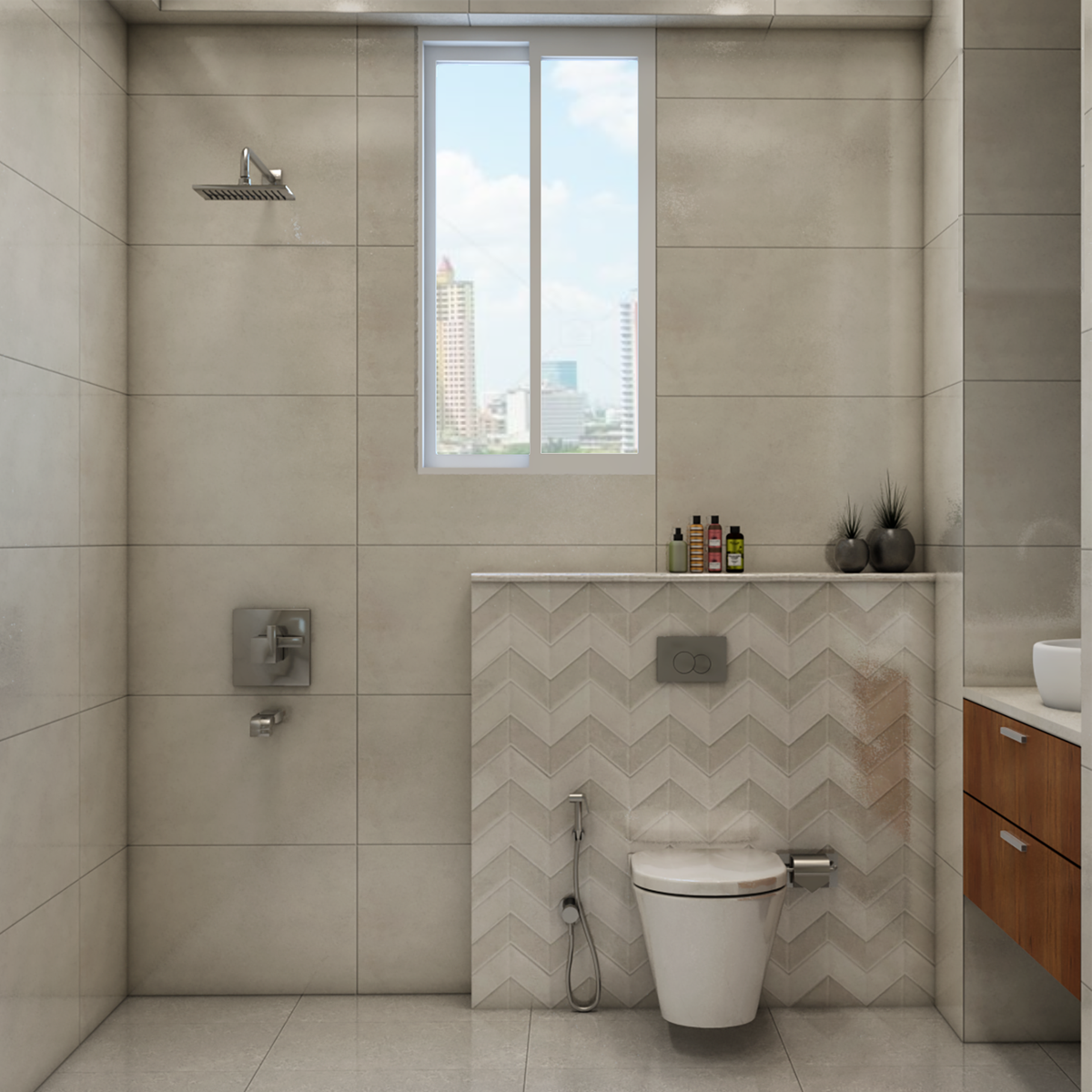 Image showcasing Glossy Bathroom Tile Design In A Neutral Colour Palette | Livspace