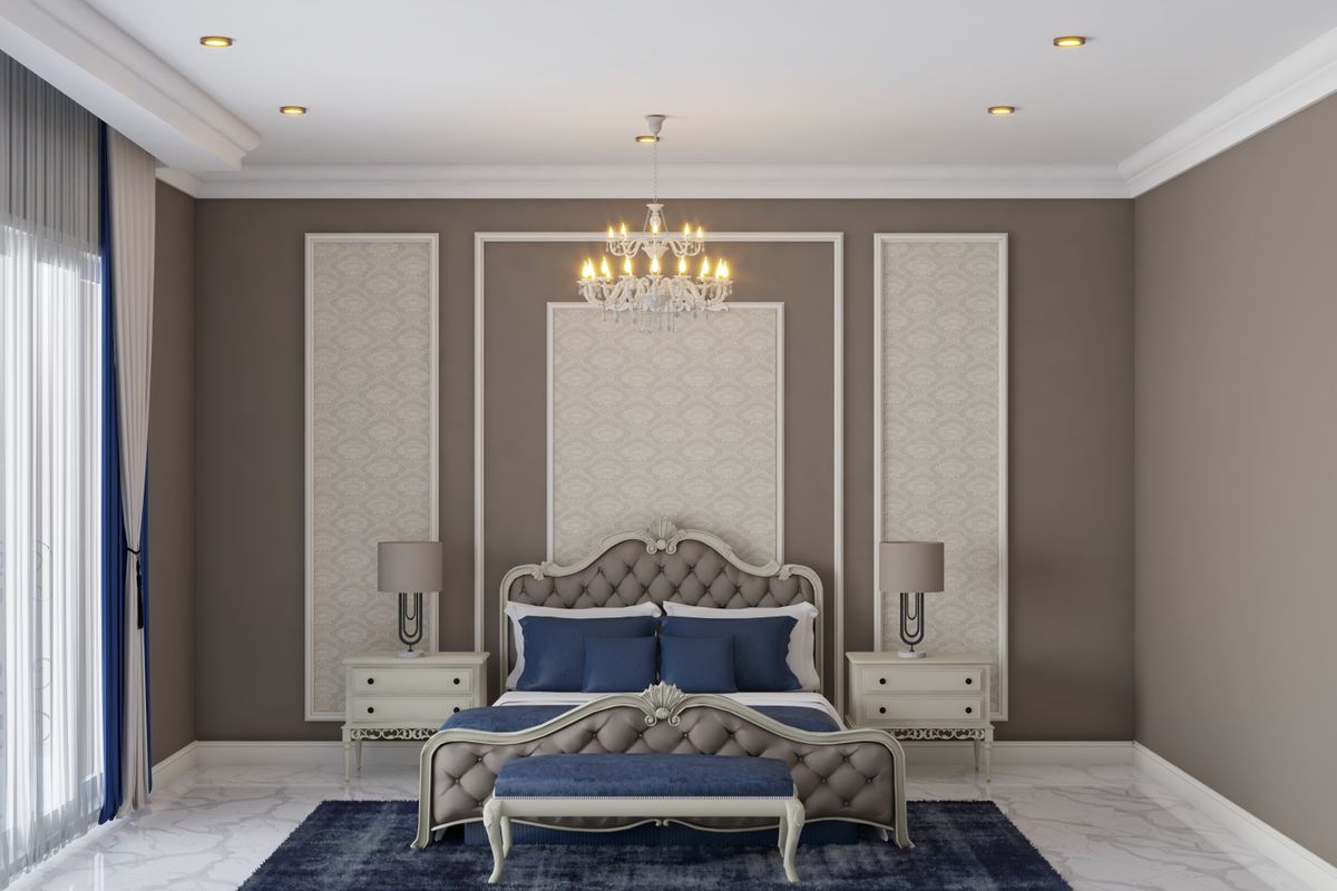 Blue Spacious Master Bedroom Design With Wall Trims | Livspace