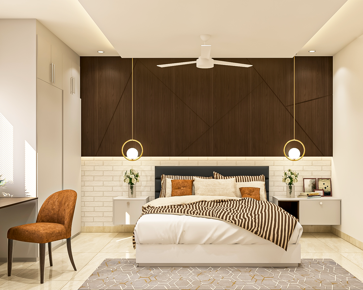 Spacious Modern Master Bedroom Design With Pendant Lights | Livspace