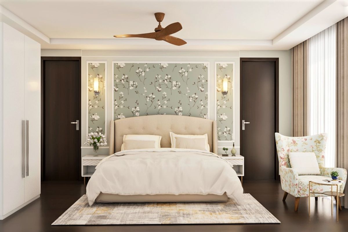 Wall Design For Bedrooms With Grey Trims And Wallpaper | Livspace