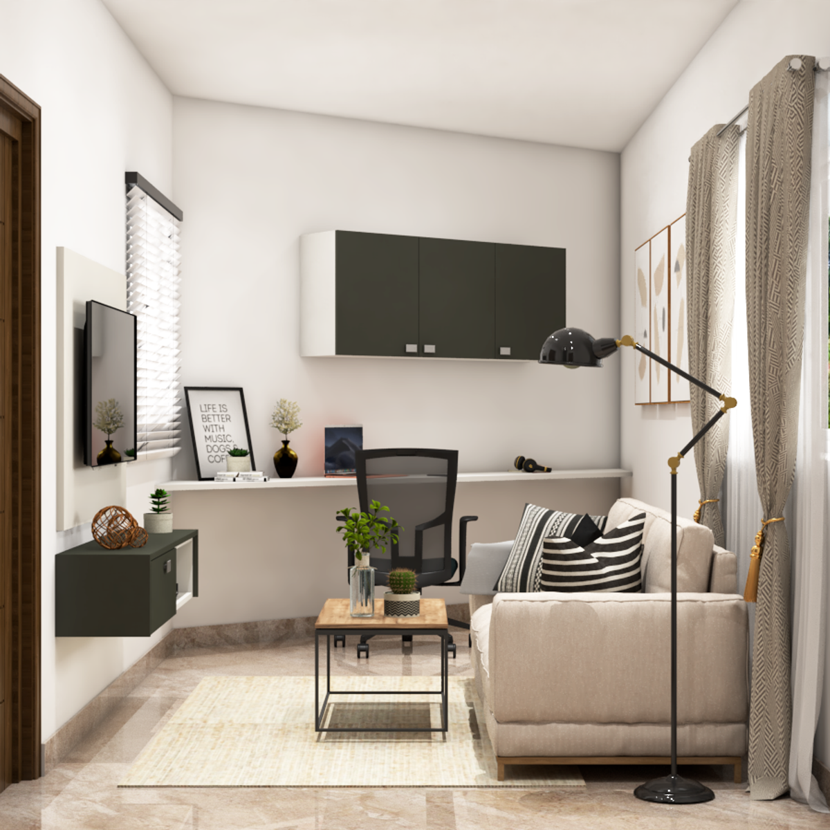 Modern Cream Home Office Design With Wall Mounted Storage Unit | Livspace
