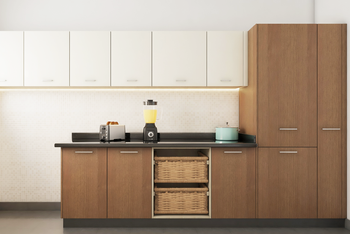 Brown And White Modern Kitchen Design With Chimney | Livspace