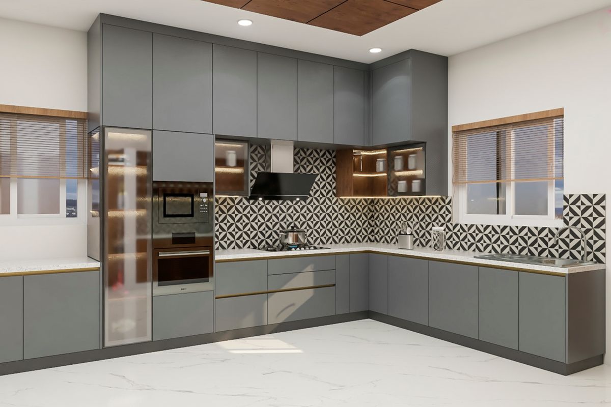 Spacious Grey Themed Kitchen With Contemporary Interiors | Livspace