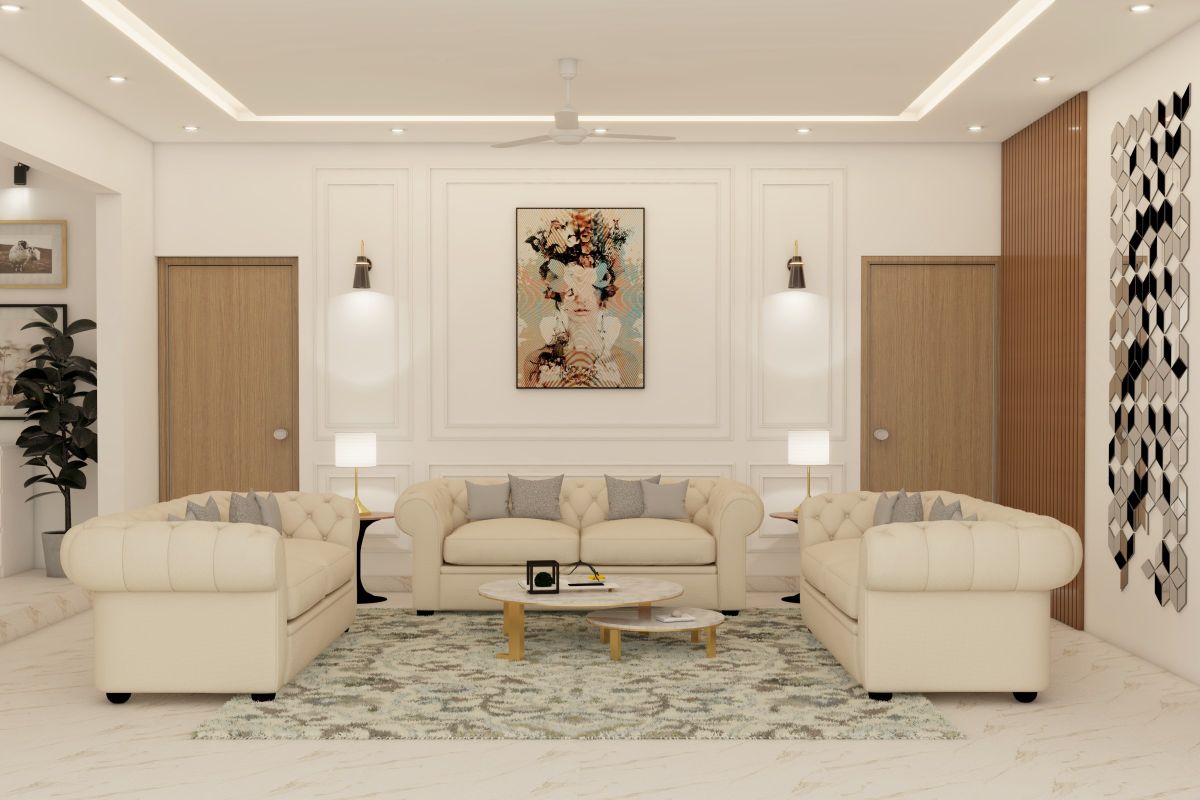Modern And Spacious Living Room Design With Cream-Coloured Sofas | Livspace
