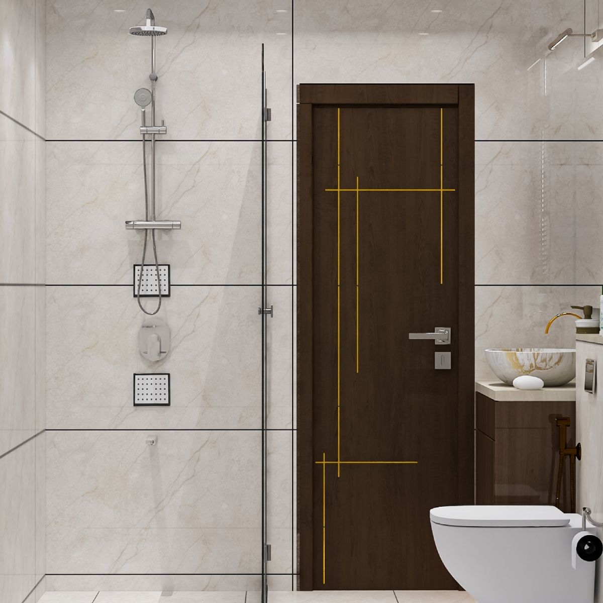 Compact White Marble Bathroom Design With Rectangular Mirror - 7x7 Ft ...