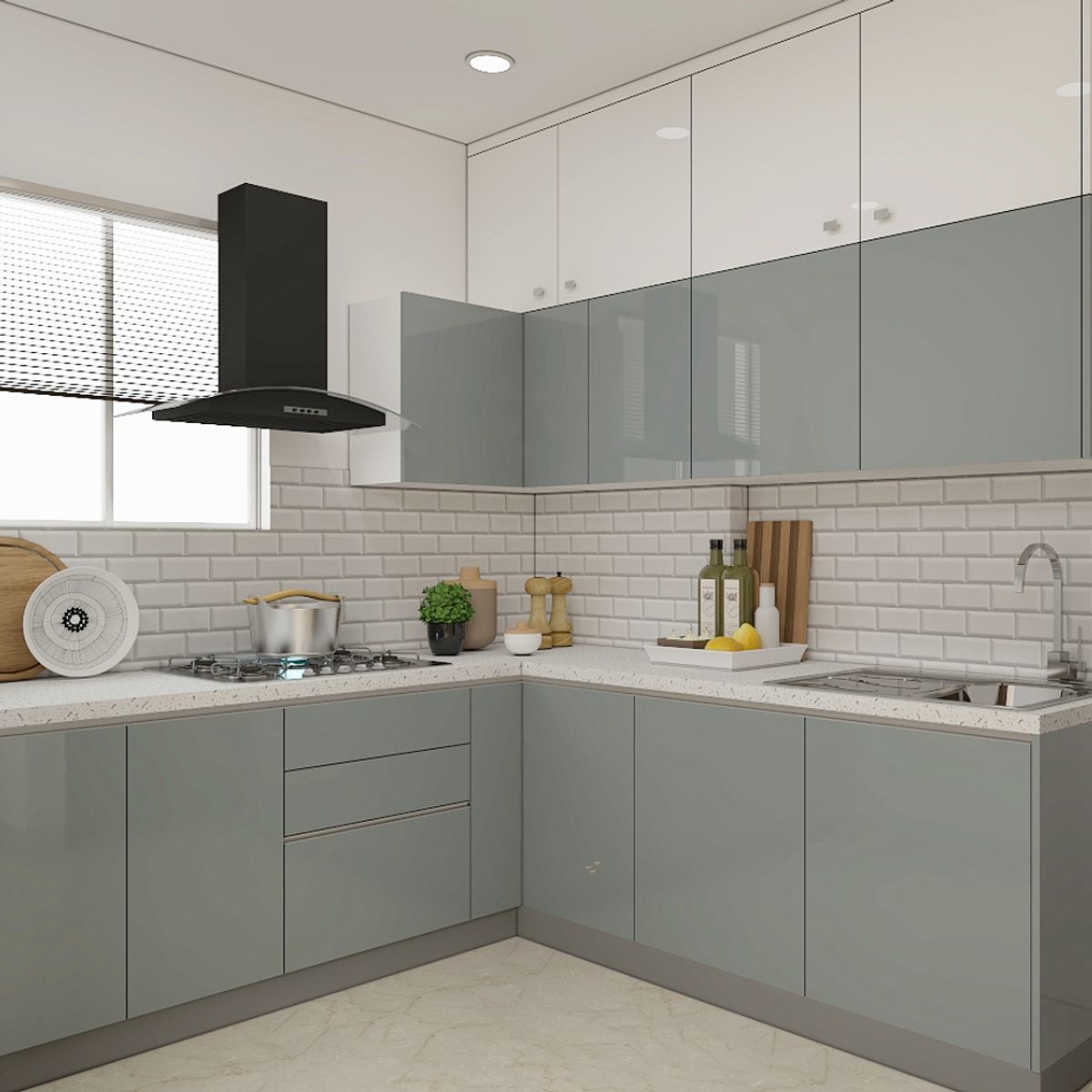 Compact Kitchen Design With Blue And White Storage Cabinets - 7X7 Ft ...