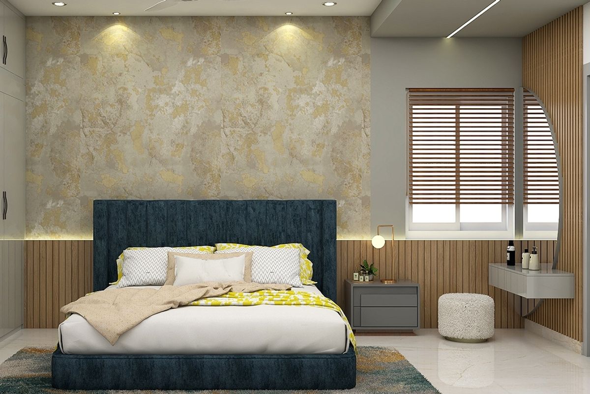 Bedroom Wall Design With Textured Wall Paint In Beige, Gold, And Grey ...