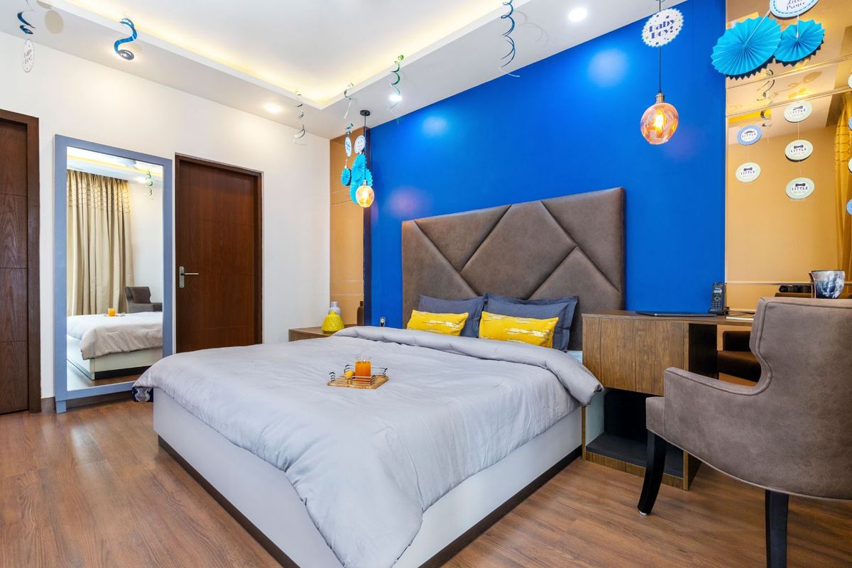 2BHK Gurgaon Flat Modern Interior Design with Blue Accents, Gold ...
