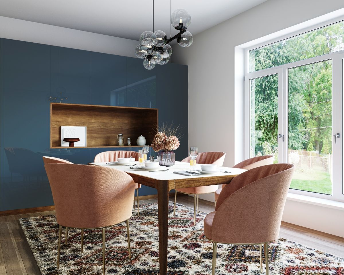 Contemporary Dining Room Design with Dining Set, Rug and Chandelier ...