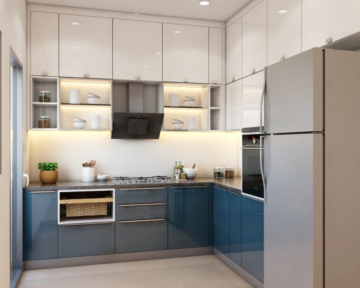 Blue And White Glossy L-Shaped Modular Kitchen | Livspace
