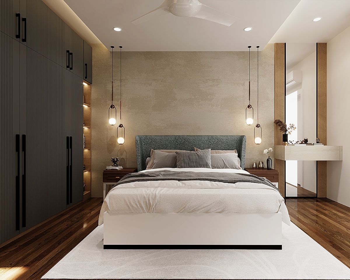 Stylish Modern Master Bedroom Design: King Bed, Cream Wallpaper, and ...