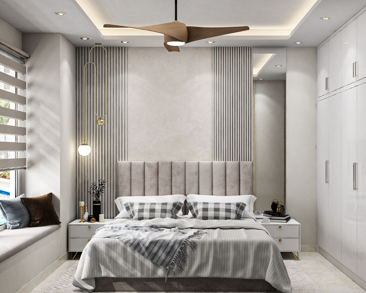Spacious Modern Master Bedroom Design with Tufted Headboard and Fluted ...