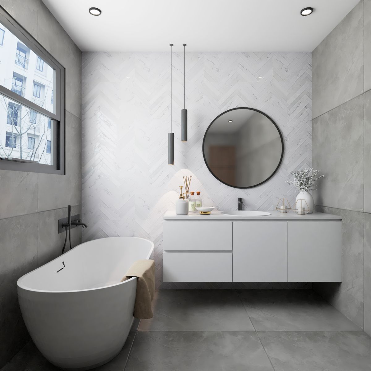 Compact Bathroom Design With Chevron White Wall Tiles And Grey Flooring ...