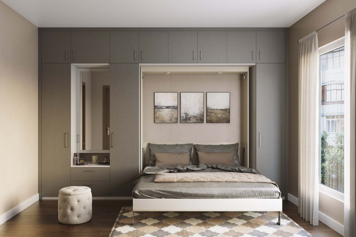 Spacious and Modern Guest Room Design: Queen Bed, Wardrobe and Ottoman ...