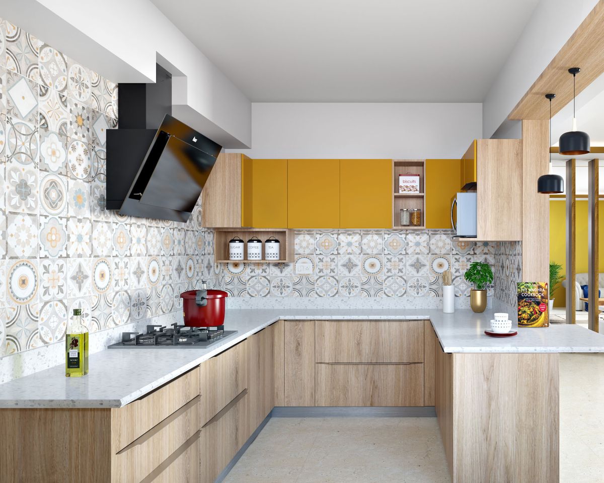 Medium Family Modern U-Shaped Kitchen Design With Breakfast Bar and ...
