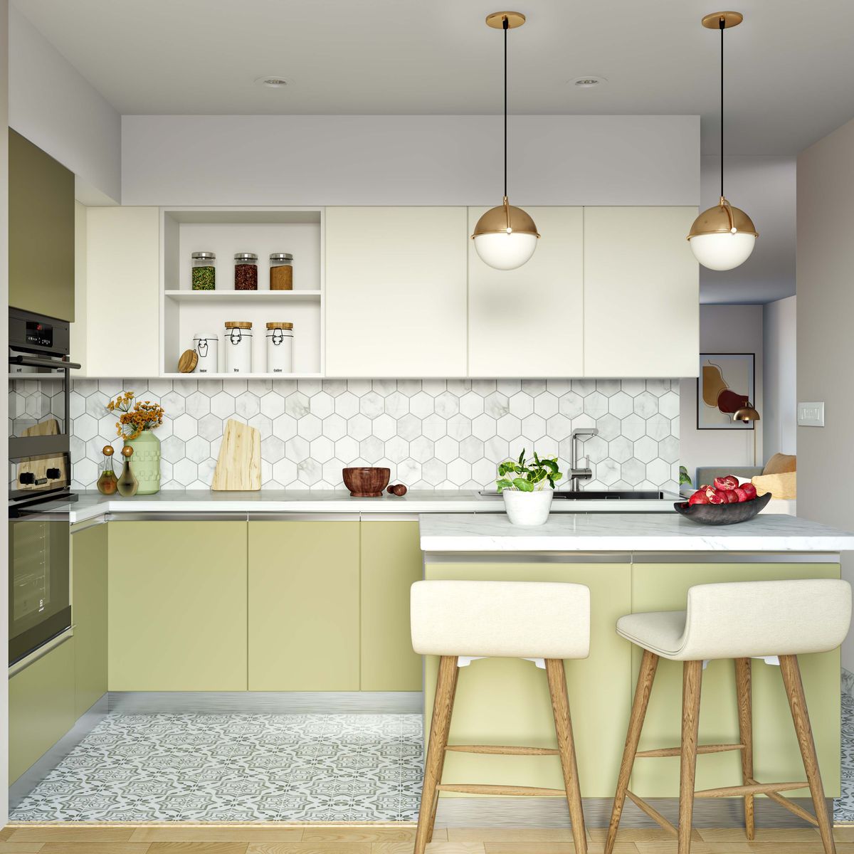 Dark Citrus Contemporary Island Kitchen Design With Quartz Countertop ...