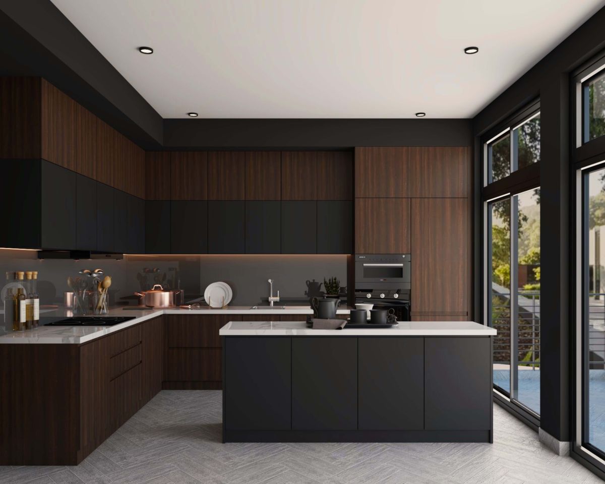 Modular Island Kitchen Design With Dark Wood And Dark Grey Cabinets ...