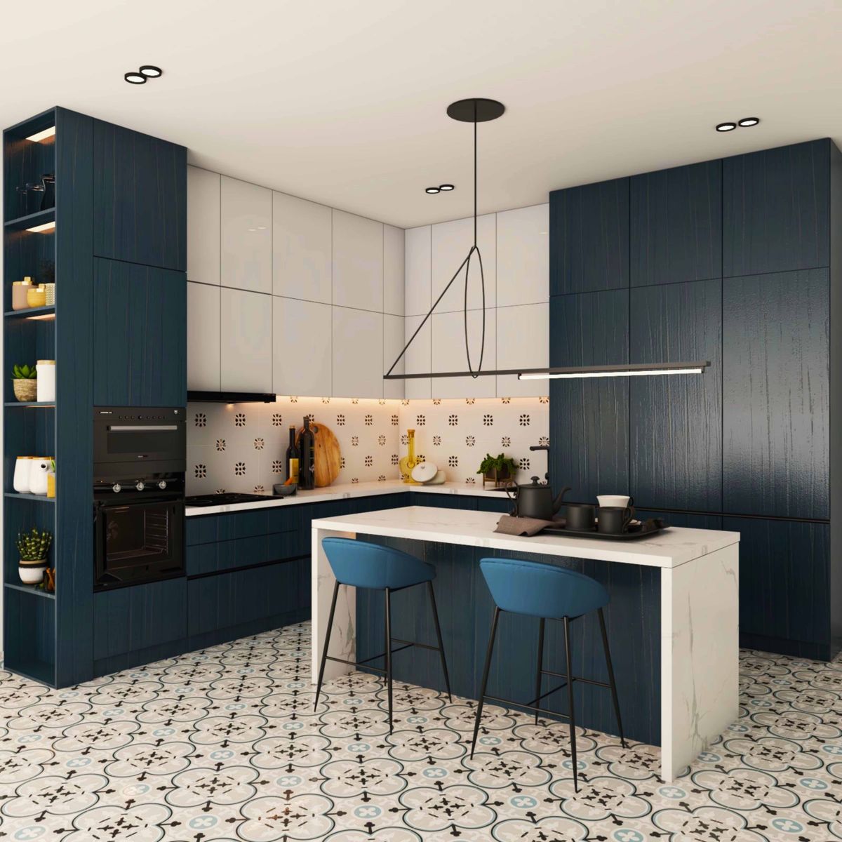 Spacious Dark Blue And White Regalia Island Kitchen Design | Livspace