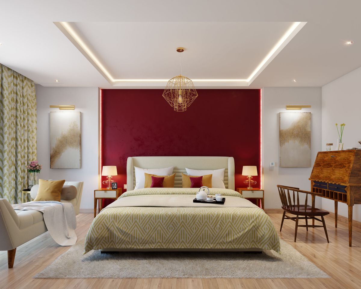 Red And White Wall Paint Design For Bedrooms | Livspace