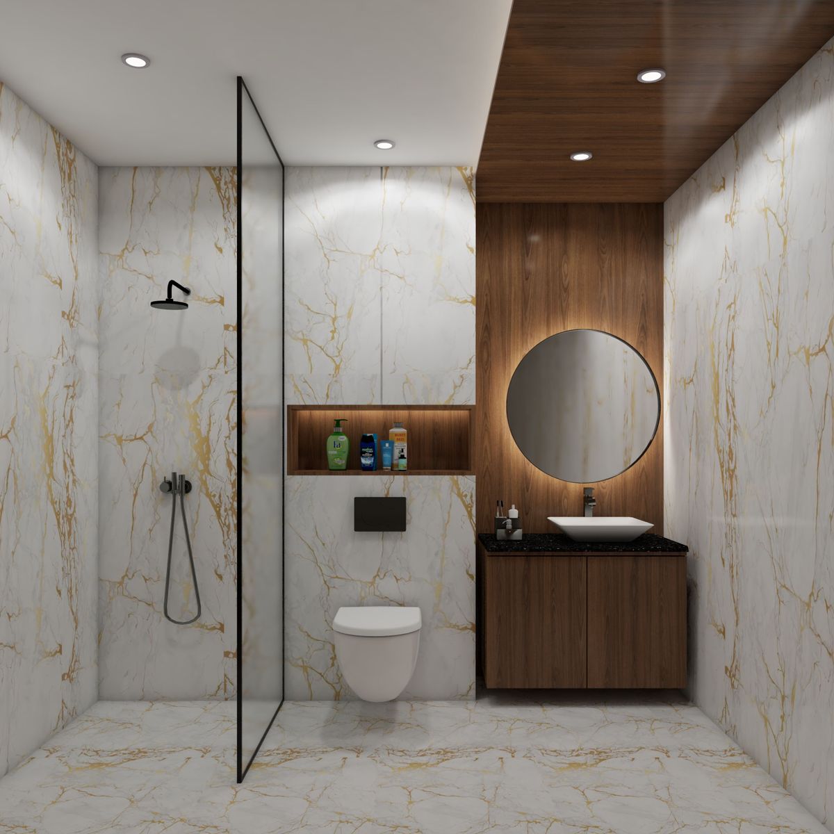 Semi Glossy Bathroom Tiles With White Marble With Yellow Veining And ...