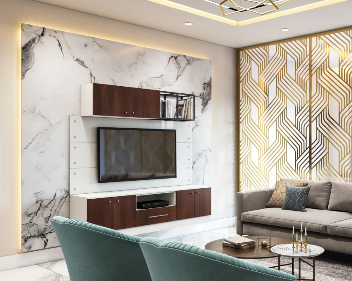 Wood And White Wall-Mounted TV Unit Design With Marble Back Panel ...