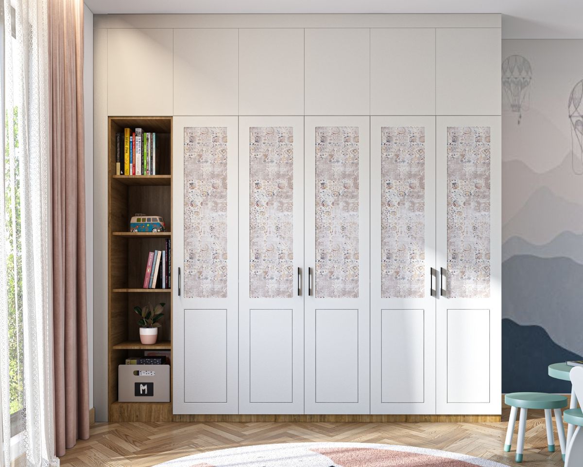 Frosty White and Tela Reliquia Swing Wardrobe Design with Open Shelf ...