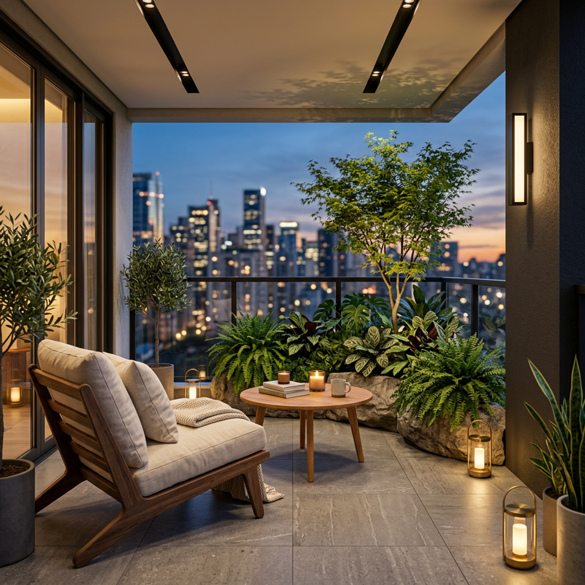 Contemporary Balcony Design with Grey Textured Wall and Stone Planter ...