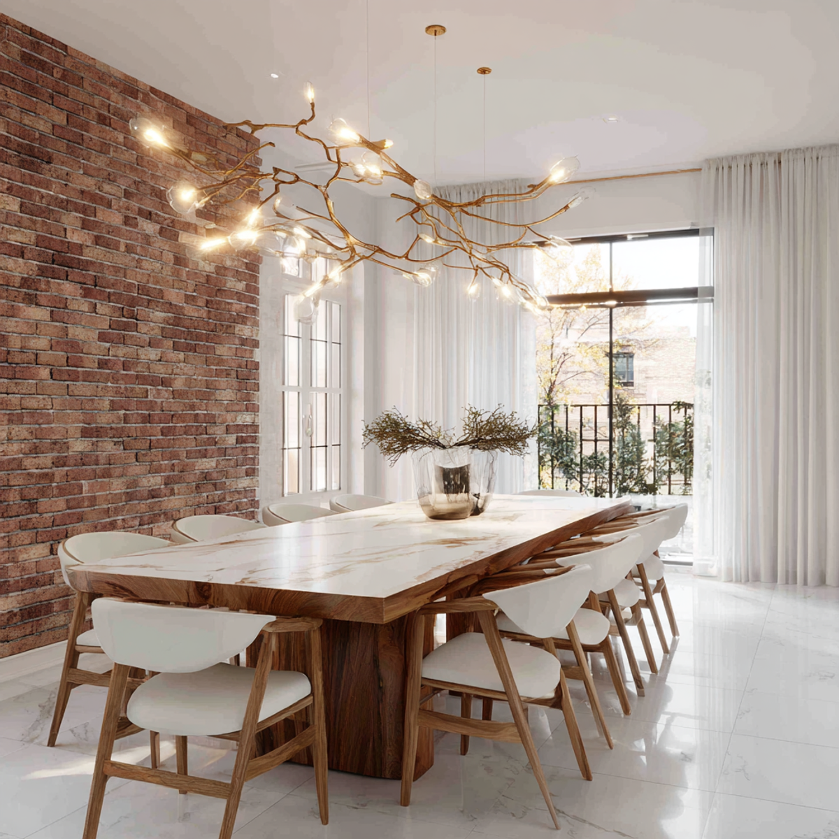 Contemporary Dining Room Design with Brick Wall and Marble Table | Livspace