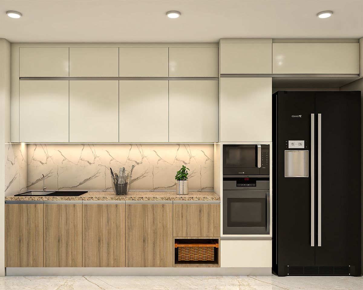 Contemporary Parallel Kitchen Design with Glass Front Units and Marble ...