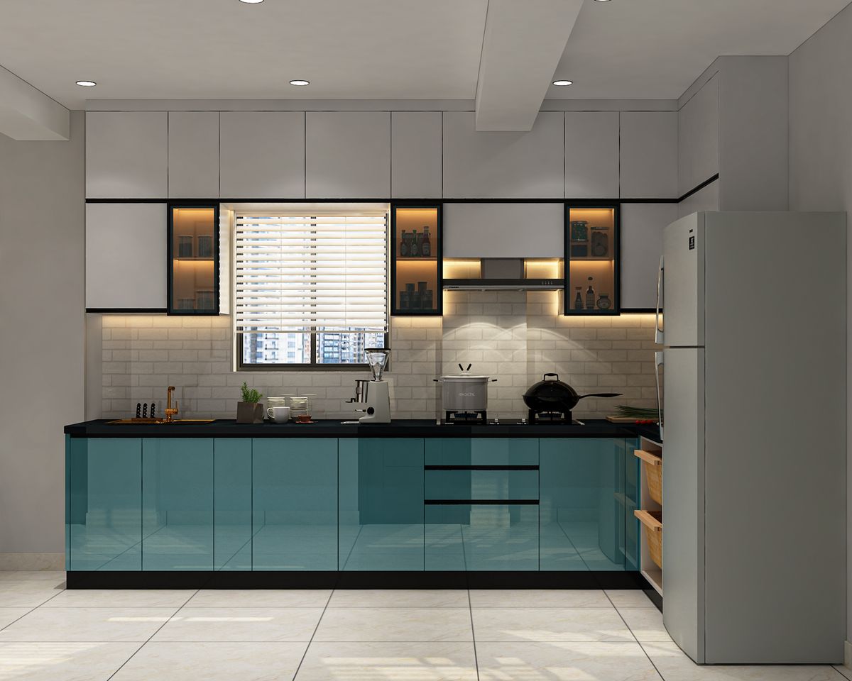 L-Shaped Modern Kitchen Design with Glossy Blue Base and White Wall ...