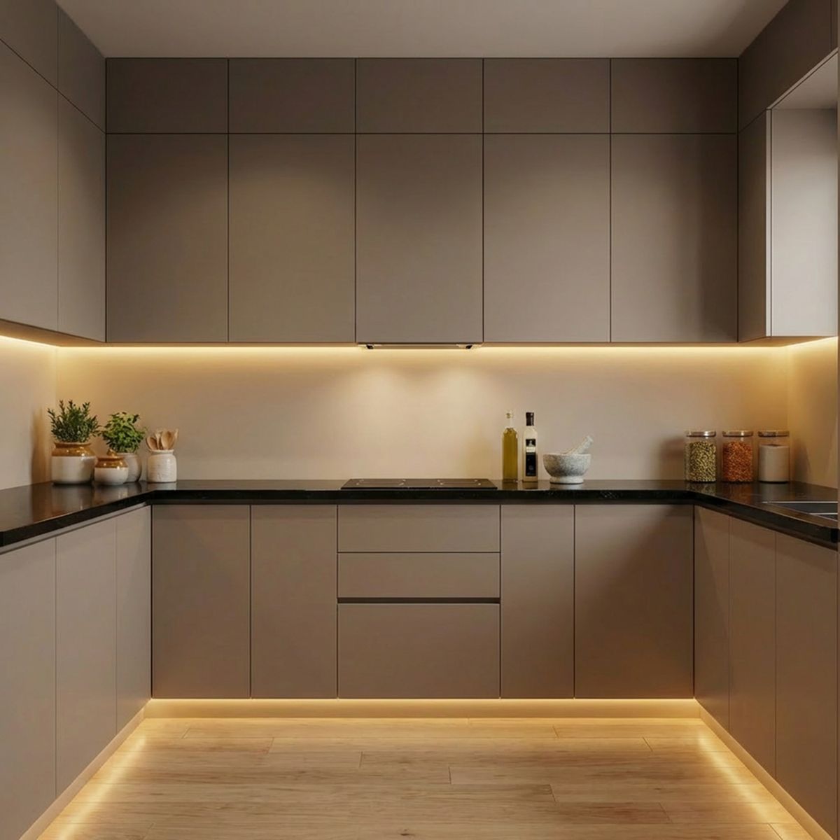 Modern Kitchen Design with U Shaped Layout and Matte Finish Cream ...