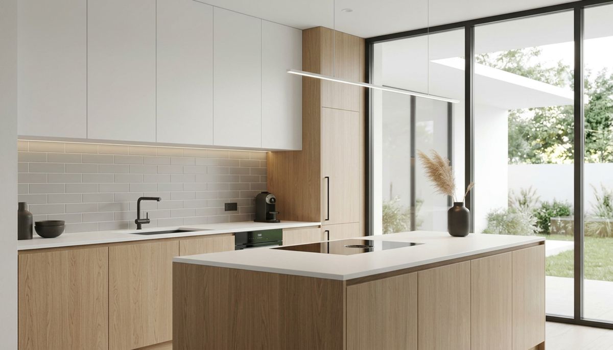 Walnut and White Minimal Island Kitchen Design with Quartz Top | Livspace