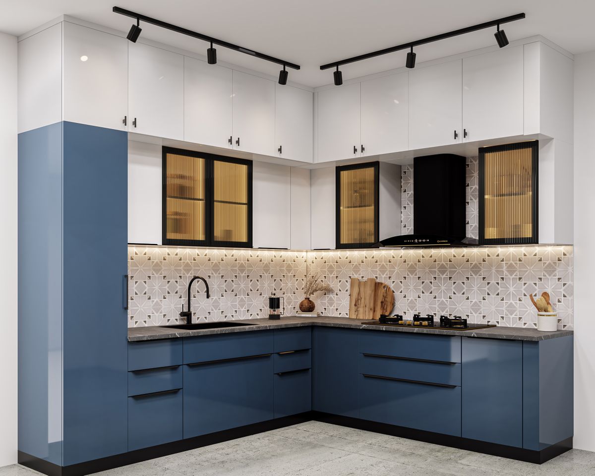 L-Shaped Contemporary Kitchen Design with Steel Blue and White Cabinets ...