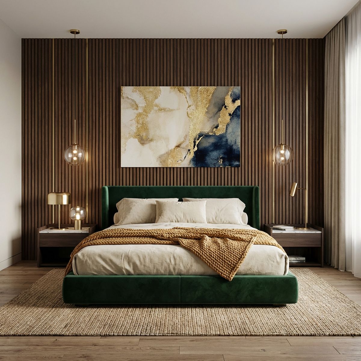 Contemporary Master Bedroom Design with Green Bed and Wooden Slat Wall ...