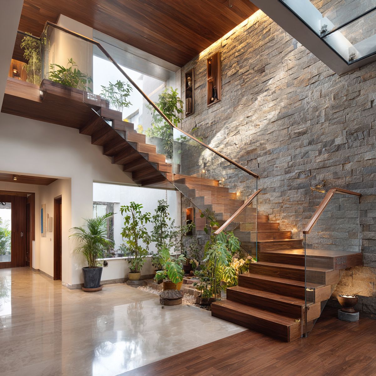 Tropical Staircase Design with Wooden Finish and L Shaped Layout | Livspace