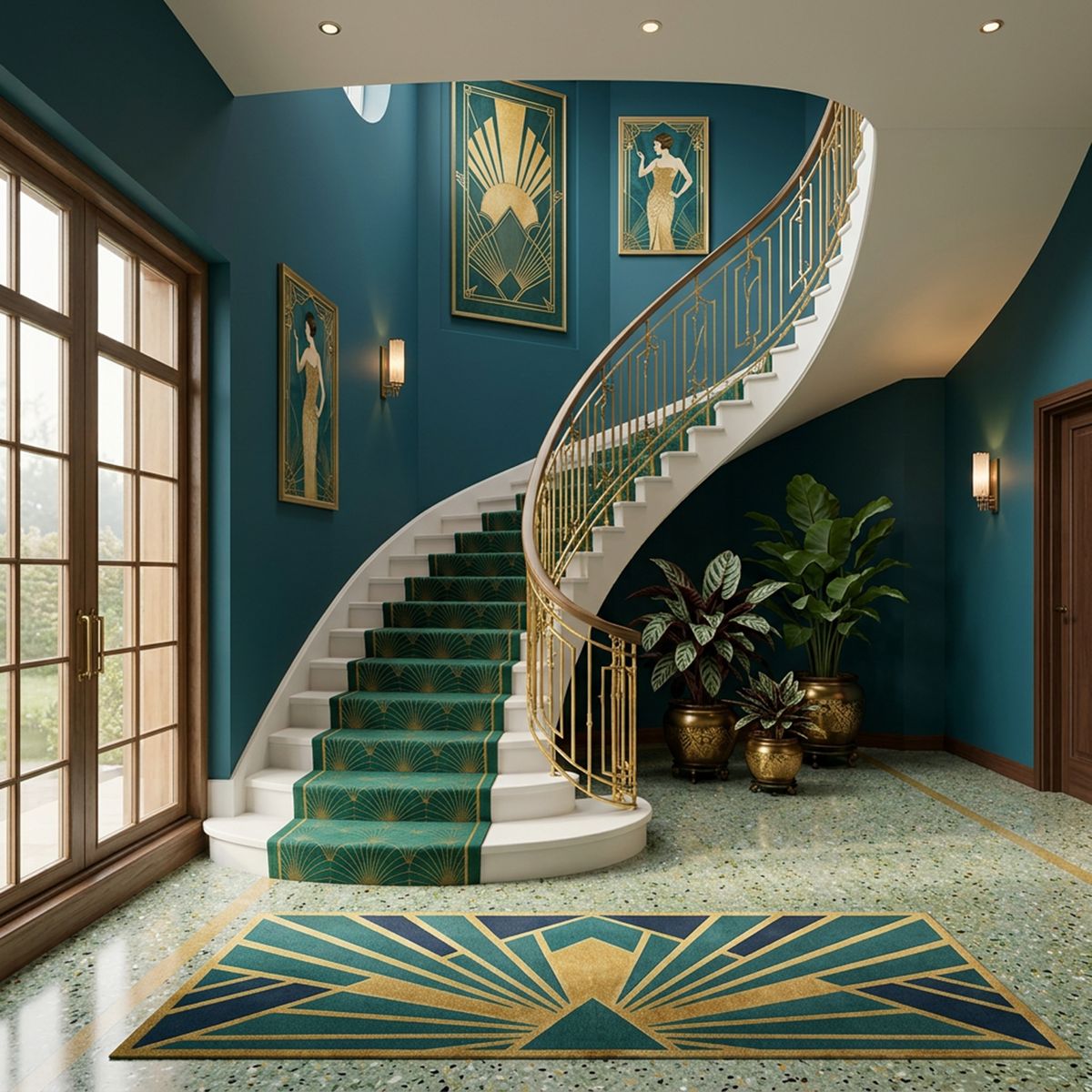 Spiral Art Deco Staircase Design with Marble Steps Brass Railing | Livspace