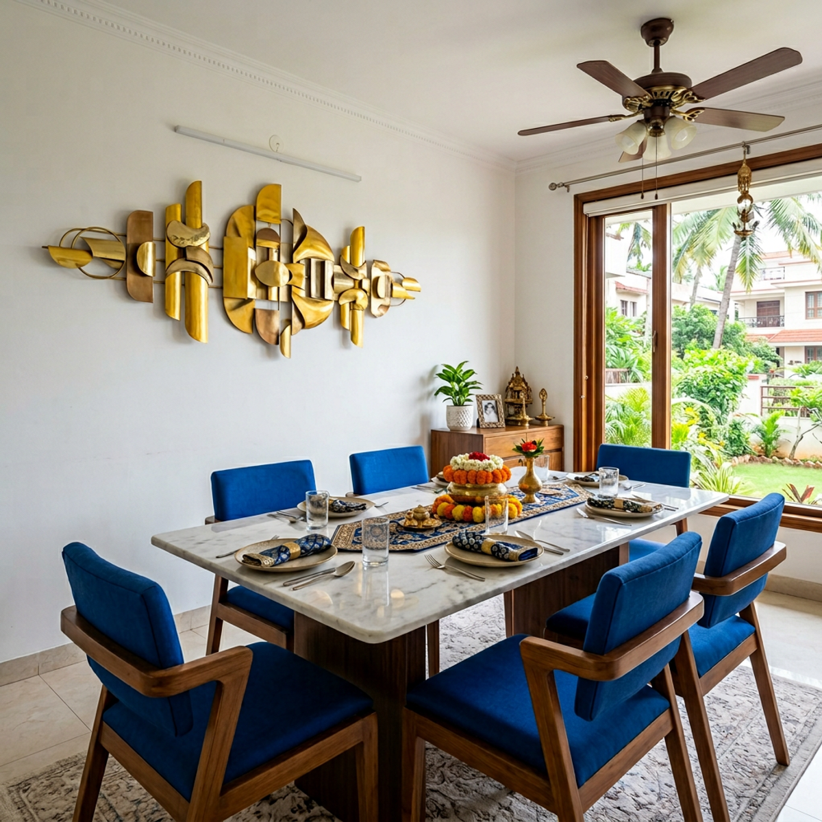 Mid-Century Modern Dining Room Design with Marble Table and Blue Chairs ...