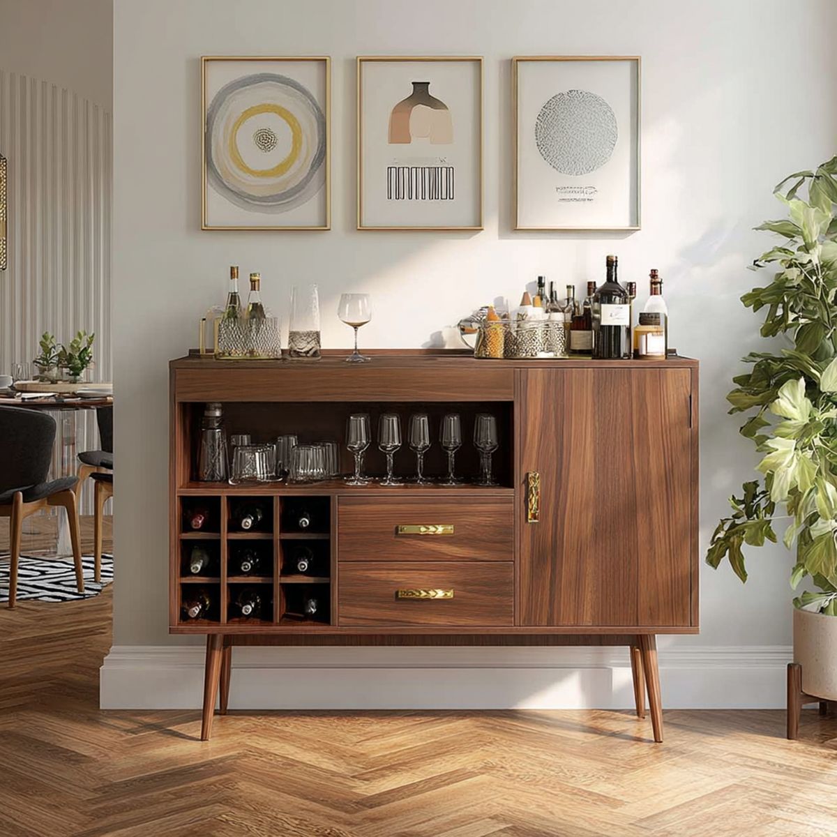 Mid-Century Modern Home Bar Design with Wine Cubbies and Counter | Livspace