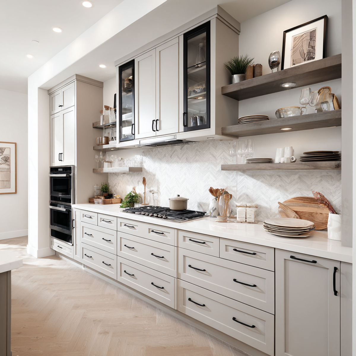 Classic Open Kitchen Design with Light Grey Cabinets and Quartz Top ...