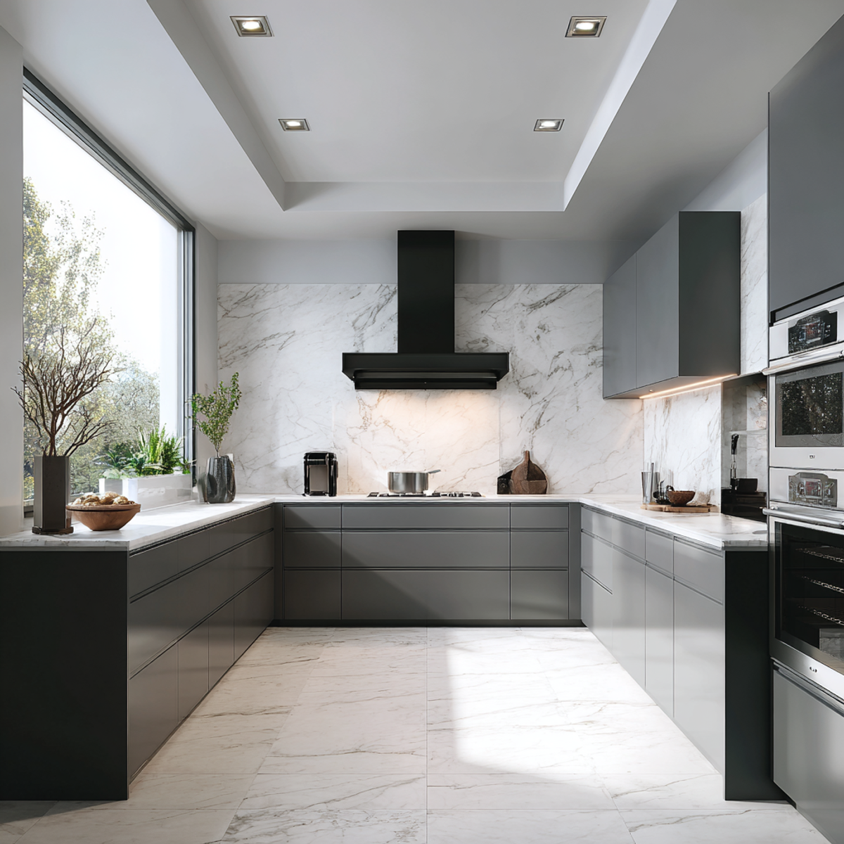 U-Shaped Modern Kitchen Design with Quartz Countertop and Glossy ...