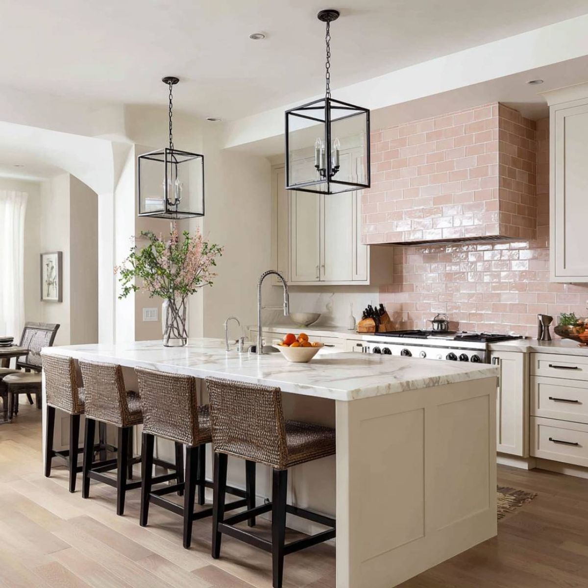 White Classic Island Kitchen Design with Quartz Countertop and Marble ...