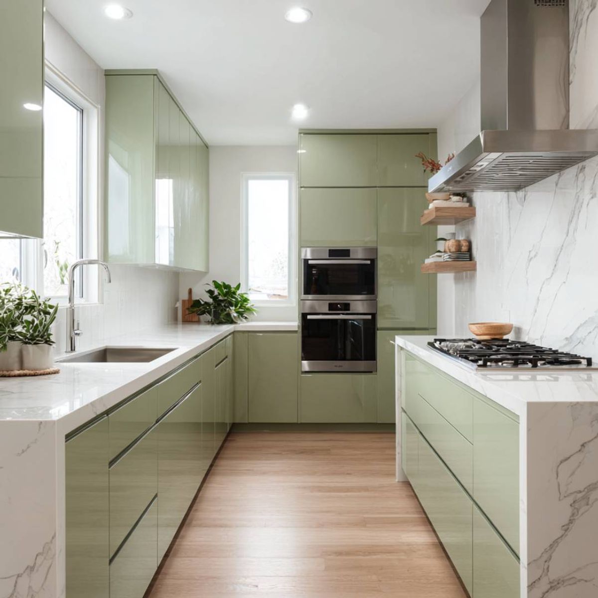 Sage Green Modern L-Shaped Kitchen Design with Glossy Cabinets and ...