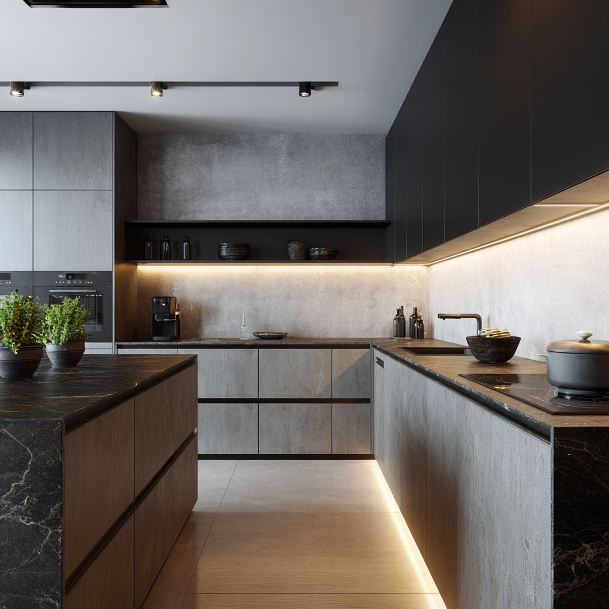 Modern Island Kitchen Design with Grey Cabinets and Granite Top | Livspace