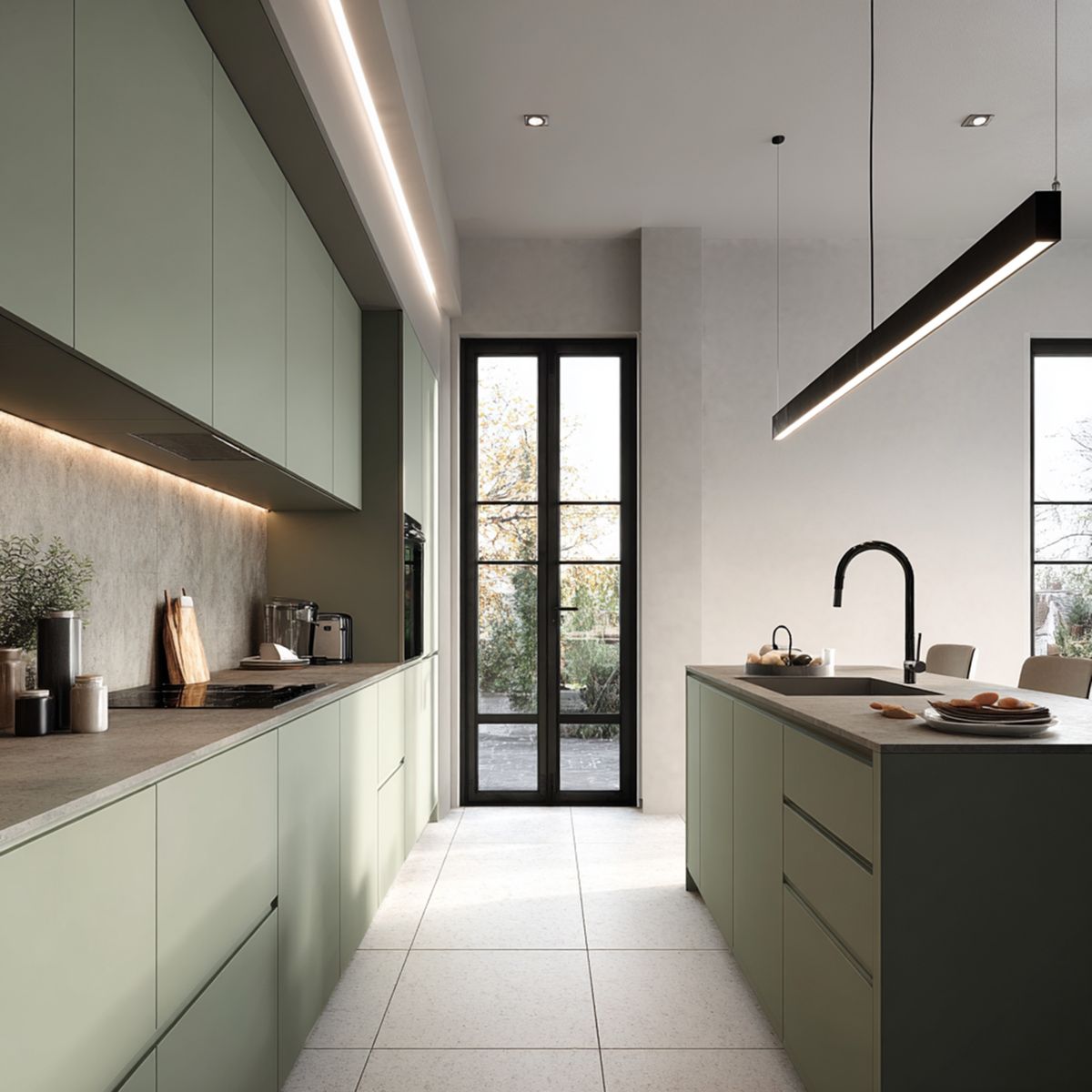 Sage Green Minimal Island Kitchen Design with Quartz Countertops and ...