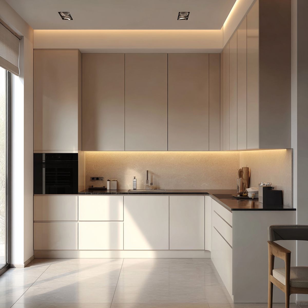 Minimal Grey L-Shaped Kitchen Design With Marble Backsplash Mirrors ...