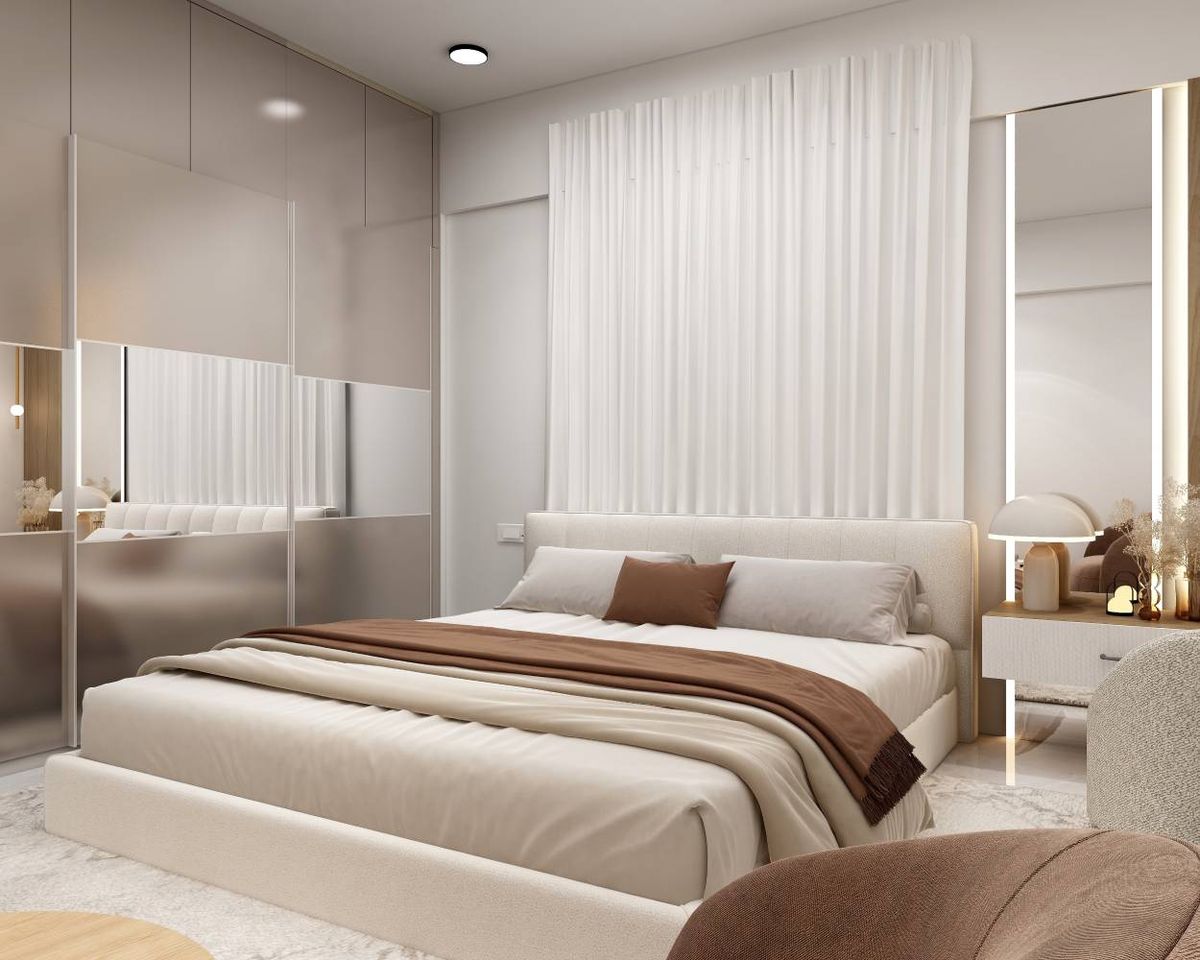Contemporary Master Bedroom Design with Mirrored Wardrobe Wall and ...