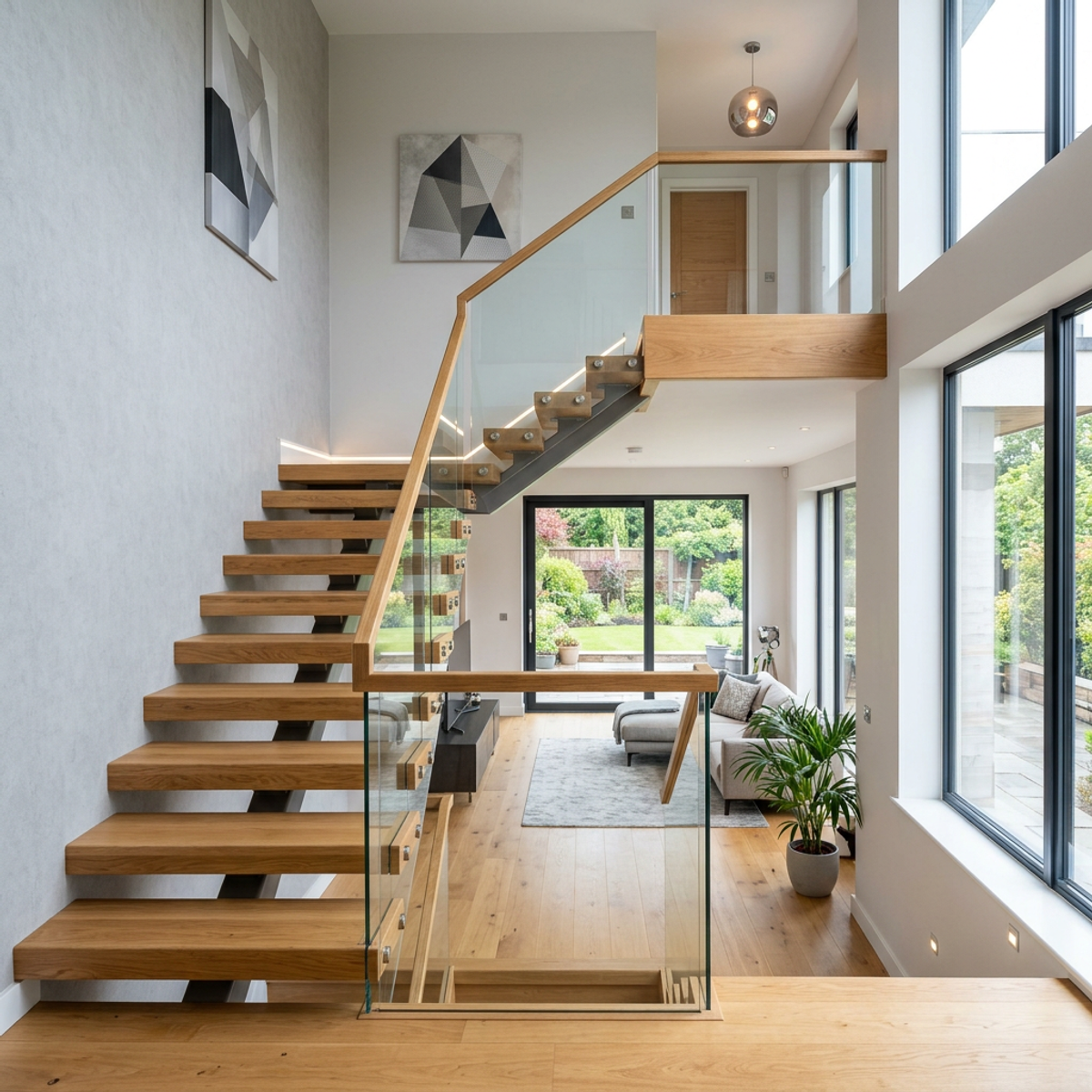 Modern L-Shaped Staircase Design with Wooden Steps and Glass | Livspace