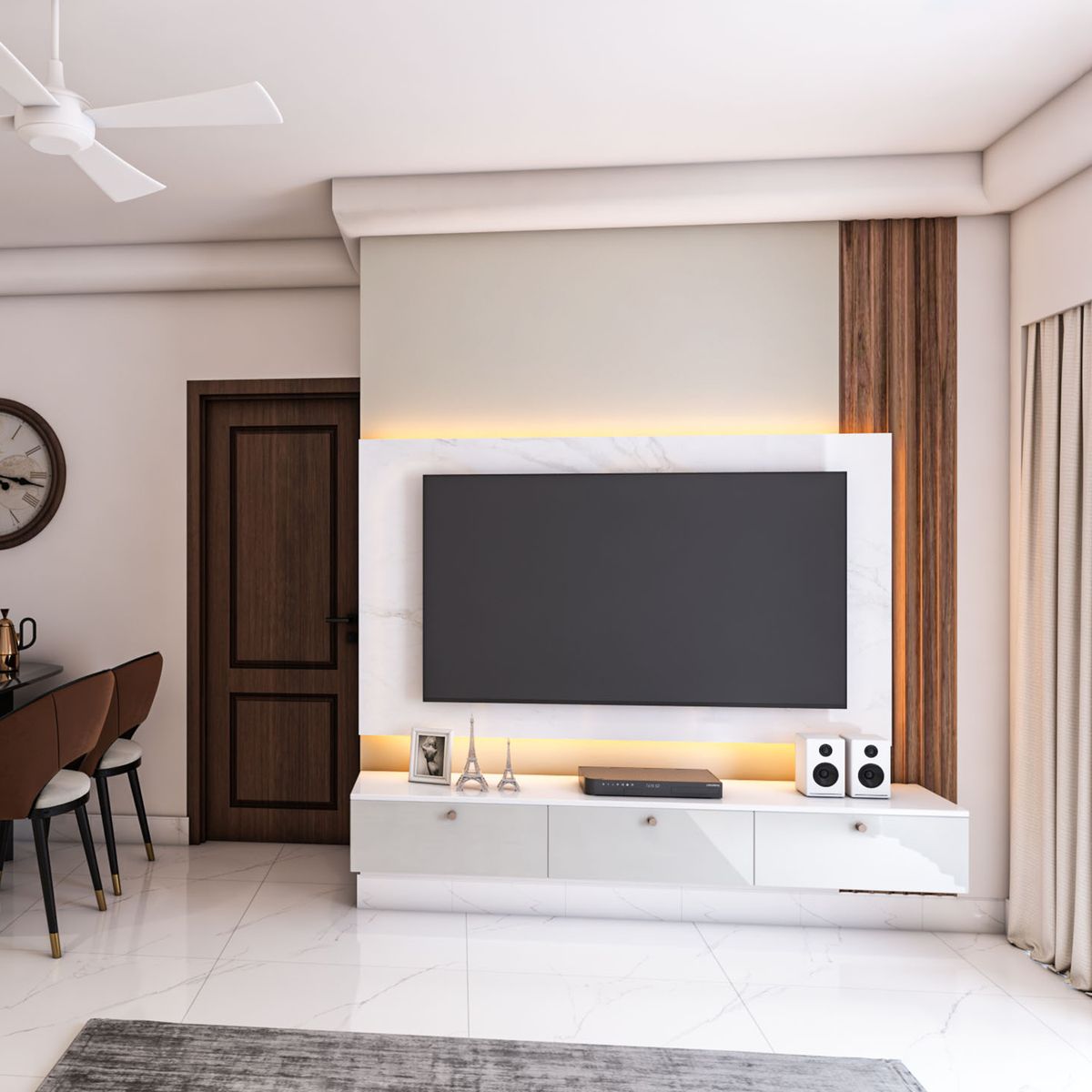Modern Glossy Grey TV Unit Design with Marble Panel | Livspace