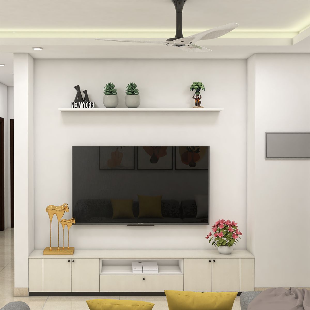 White Modern TV Unit Design with Floating Shelf and Drawer Storage ...